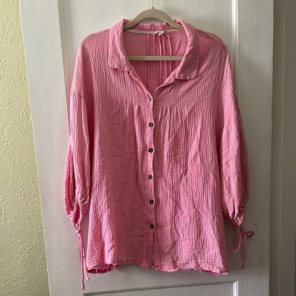 POL Pink Button Down Gauze Textured Frayed Hem Blouse Top